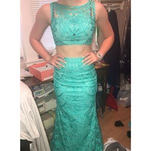 Teal Floral Two Piece Long Prom Dress